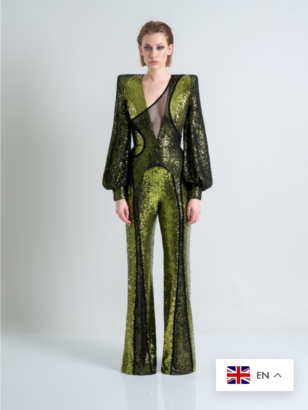 Zhivago Olive Green Sequin Plunge V Jumpsuit with Puff Sleeves